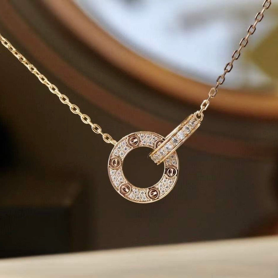 [Lucas Jewelry]LOVE 7.6MM NECKLACE ROSE GOLD AND SILVER  FULL DIAMOND