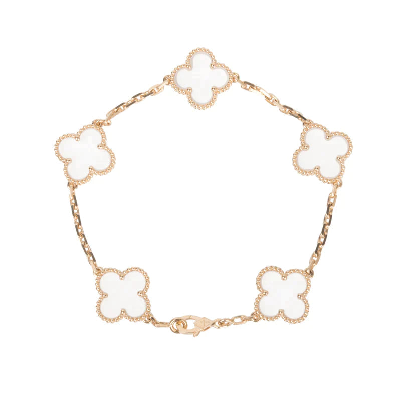 [Lucas Jewelry]CLOVER 5 MOTIF ROCK CRYSTAL PINK GOLD BRACELET