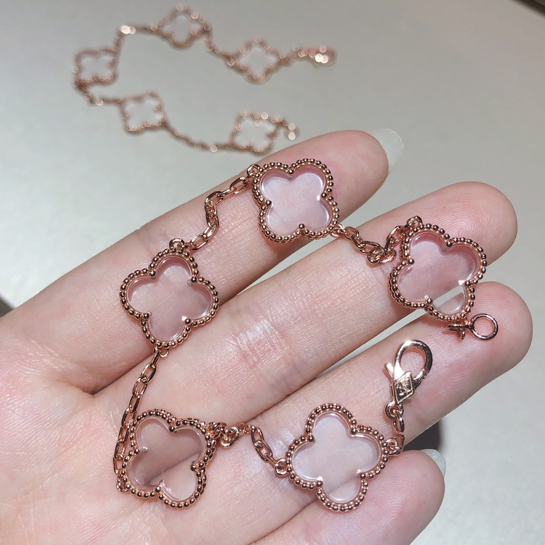 [Lucas Jewelry]CLOVER 5 MOTIF ROCK CRYSTAL PINK GOLD BRACELET