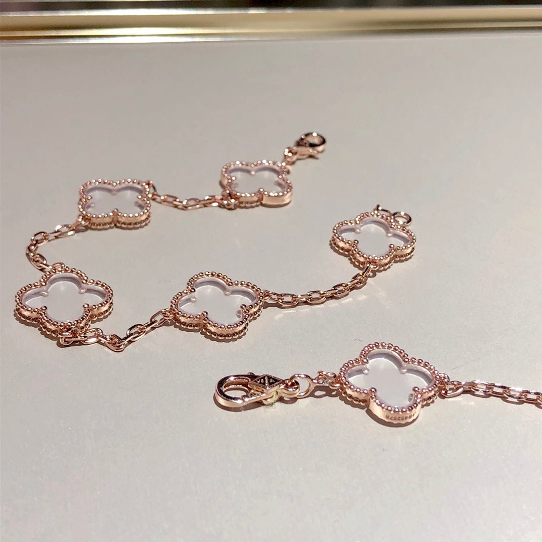 [Lucas Jewelry]CLOVER 5 MOTIF ROCK CRYSTAL PINK GOLD BRACELET