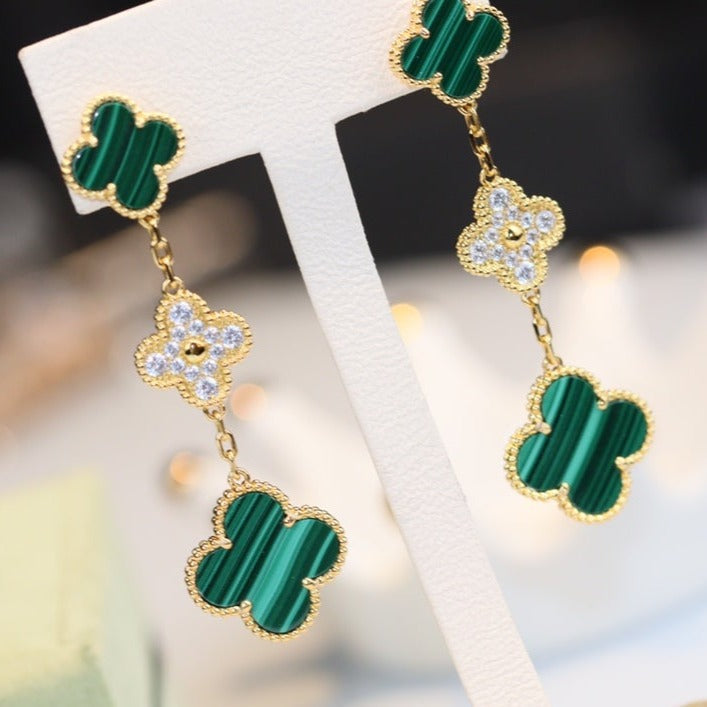 [Lucas Jewelry]CLOVER EARRINGS GOLD MALACHITE DIAMOND 3 MOTIF