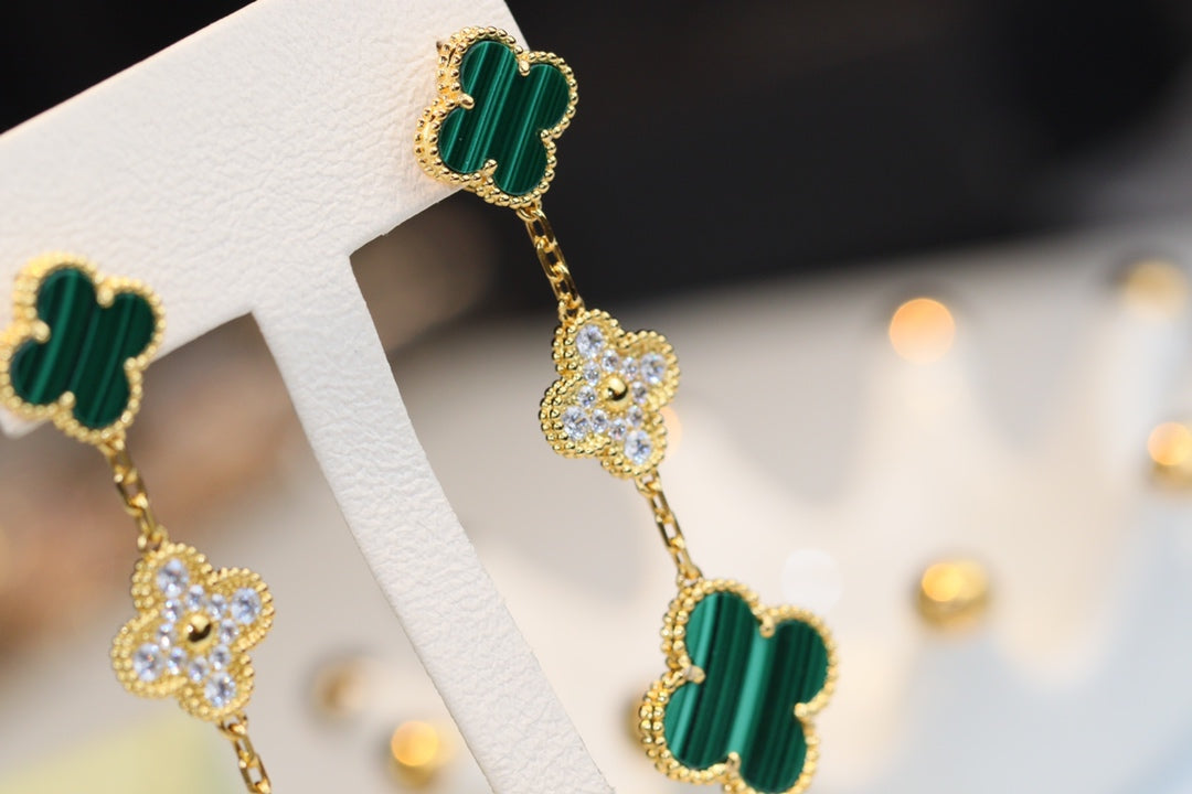 [Lucas Jewelry]CLOVER EARRINGS GOLD MALACHITE DIAMOND 3 MOTIF