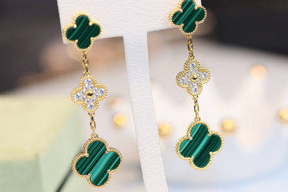 [Lucas Jewelry]CLOVER EARRINGS GOLD MALACHITE DIAMOND 3 MOTIF