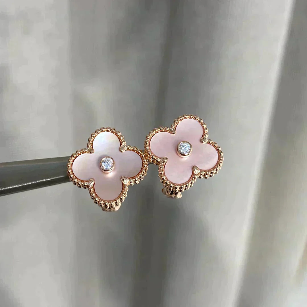 [Lucas Jewelry]CLOVER MEDIUM 1 MOTIFS  PINK MOP DIAMOND EARRINGS