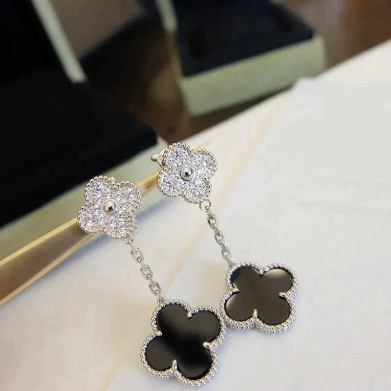 [Lucas Jewelry]CLOVER 2 MOTIFS  DIAMOND ONYX EARRINGS SILVER