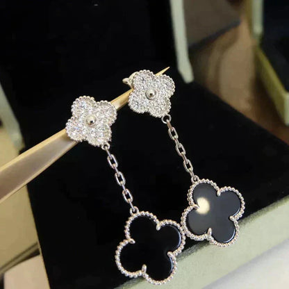 [Lucas Jewelry]CLOVER 2 MOTIFS  DIAMOND ONYX EARRINGS SILVER