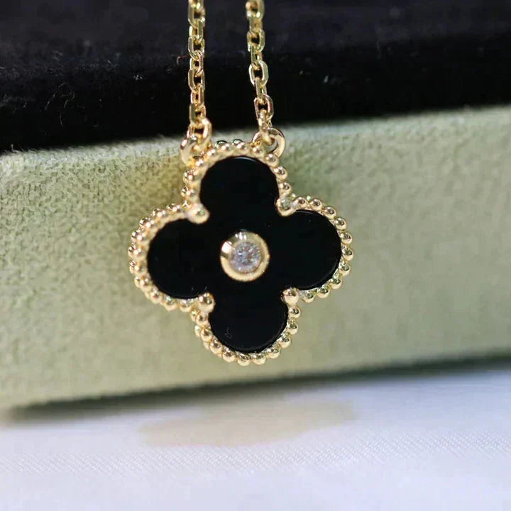 [Lucas Jewelry]CLOVER 15MM DIAMOND ONYX NECKLACE