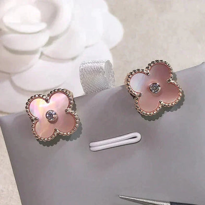 [Lucas Jewelry]CLOVER MEDIUM 1 MOTIFS  PINK MOP DIAMOND EARRINGS