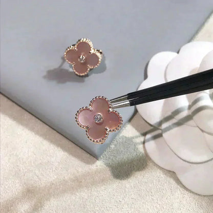 [Lucas Jewelry]CLOVER MEDIUM 1 MOTIFS  PINK MOP DIAMOND EARRINGS