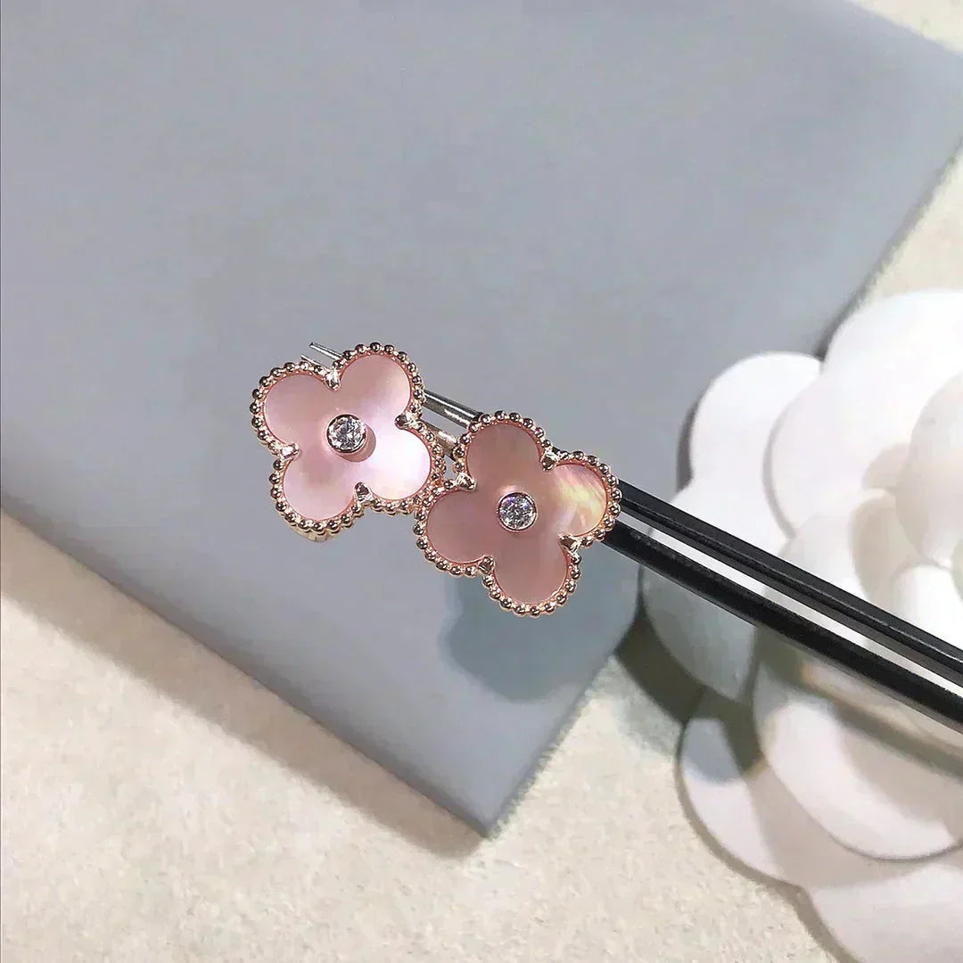 [Lucas Jewelry]CLOVER MEDIUM 1 MOTIFS  PINK MOP DIAMOND EARRINGS