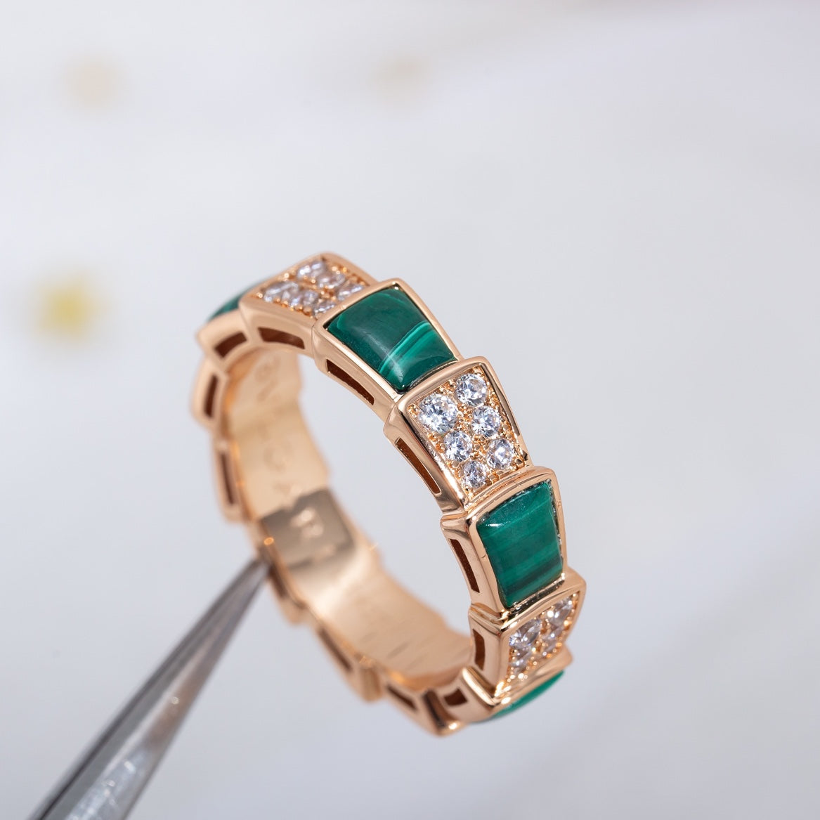 [Lucas Jewelry]SERPENTI RING PINK GOLD MALACHITE DIAMOND PAVED 4MM