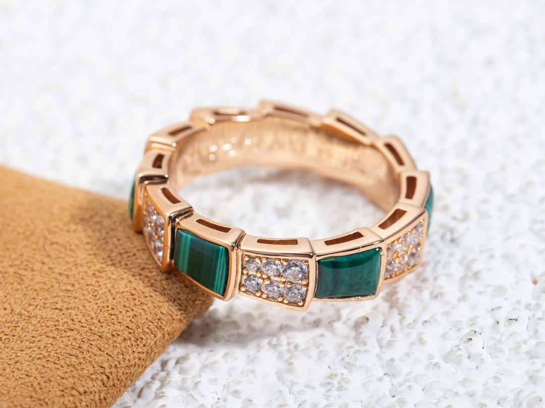 [Lucas Jewelry]SERPENTI RING PINK GOLD MALACHITE DIAMOND PAVED 4MM