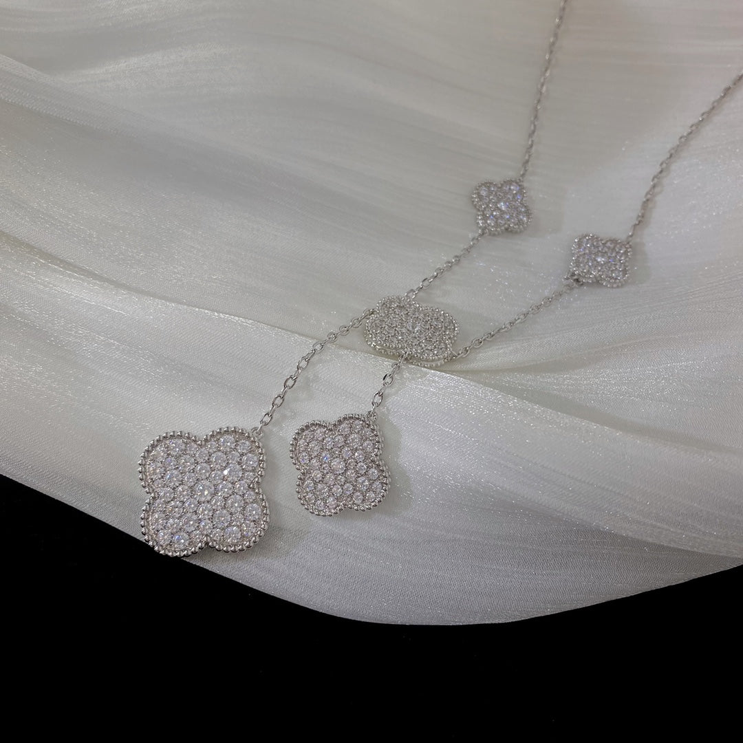 [Lucas Jewelry]CLOVER 5 MOTIFS SILVER DIAMONDS NECKLACE