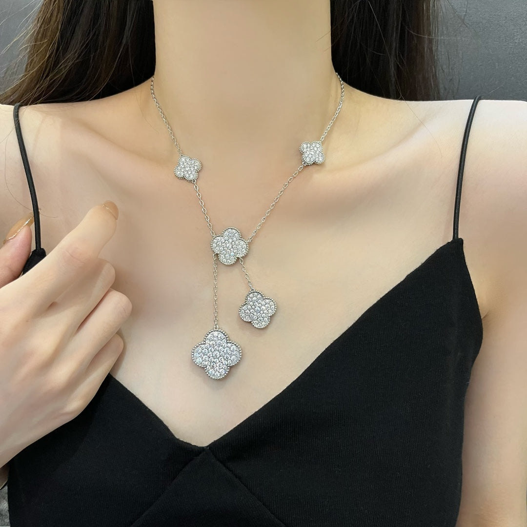 [Lucas Jewelry]CLOVER 5 MOTIFS SILVER DIAMONDS NECKLACE