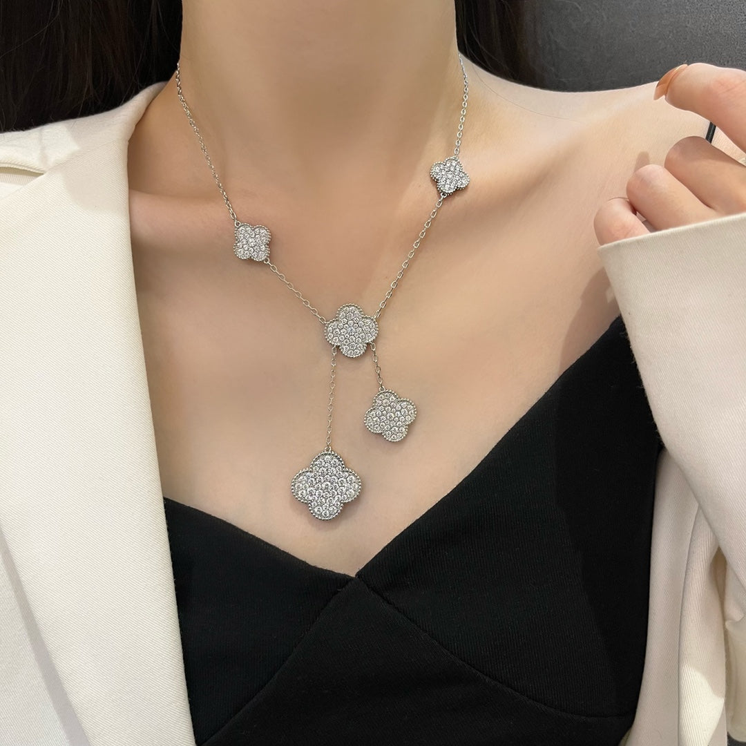 [Lucas Jewelry]CLOVER 5 MOTIFS SILVER DIAMONDS NECKLACE