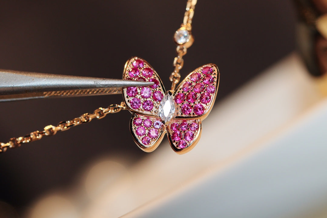 [Lucas Jewelry]BUTTERFLY RED DIAMOND ROSE GOLD NECKLACE