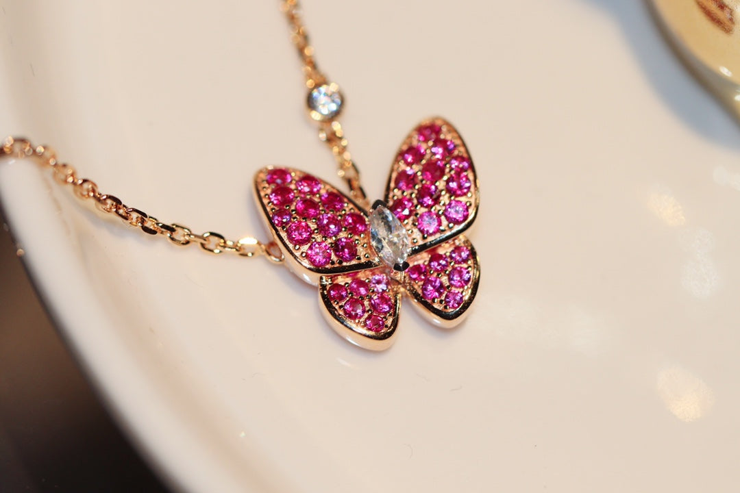 [Lucas Jewelry]BUTTERFLY RED DIAMOND ROSE GOLD NECKLACE