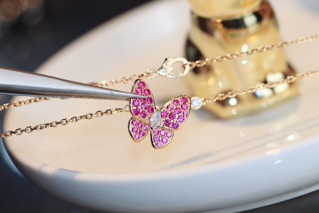 [Lucas Jewelry]BUTTERFLY RED DIAMOND ROSE GOLD NECKLACE