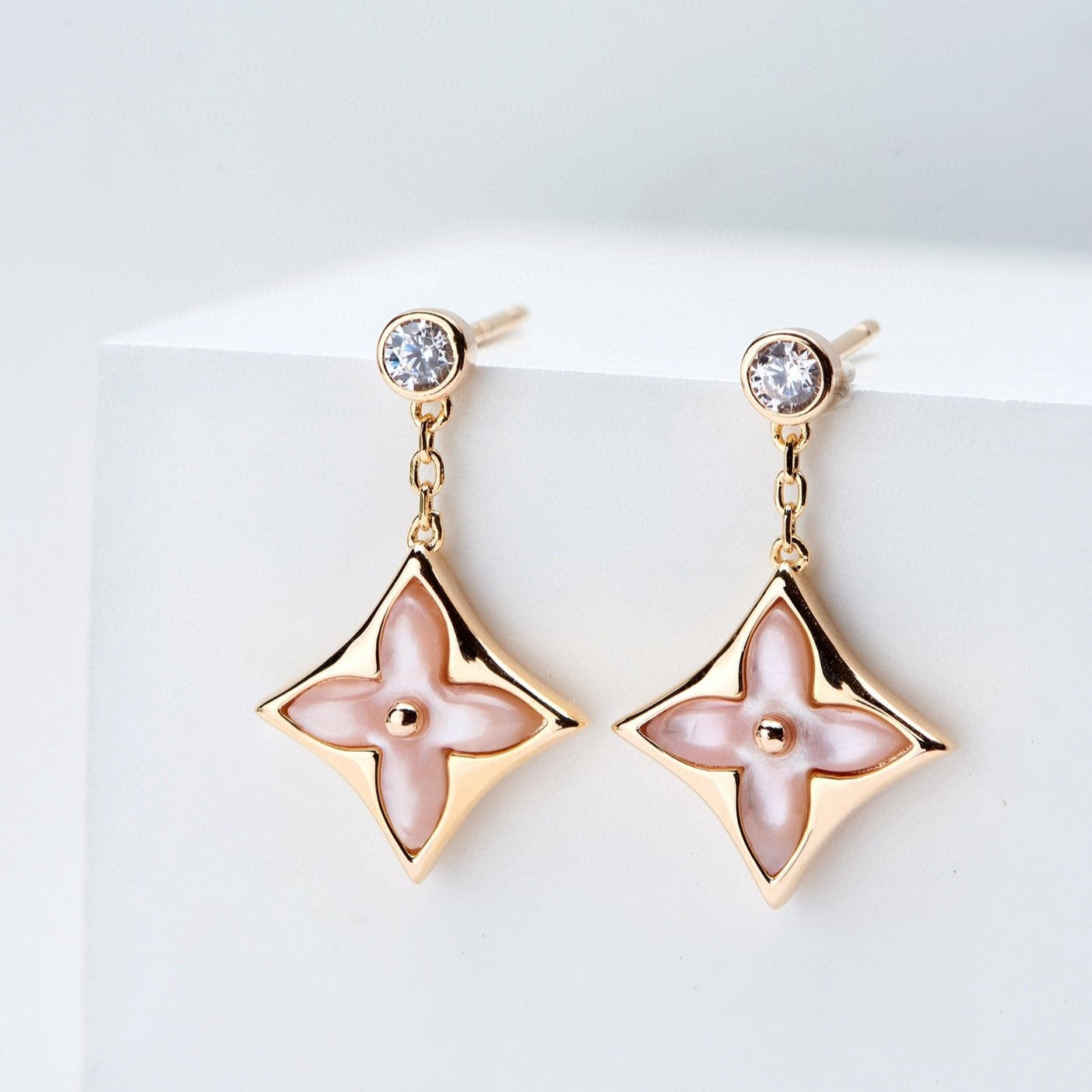 [Lucas Jewelry]DOUBLE STAR PINK GOLD MOP DROP EARRINGS