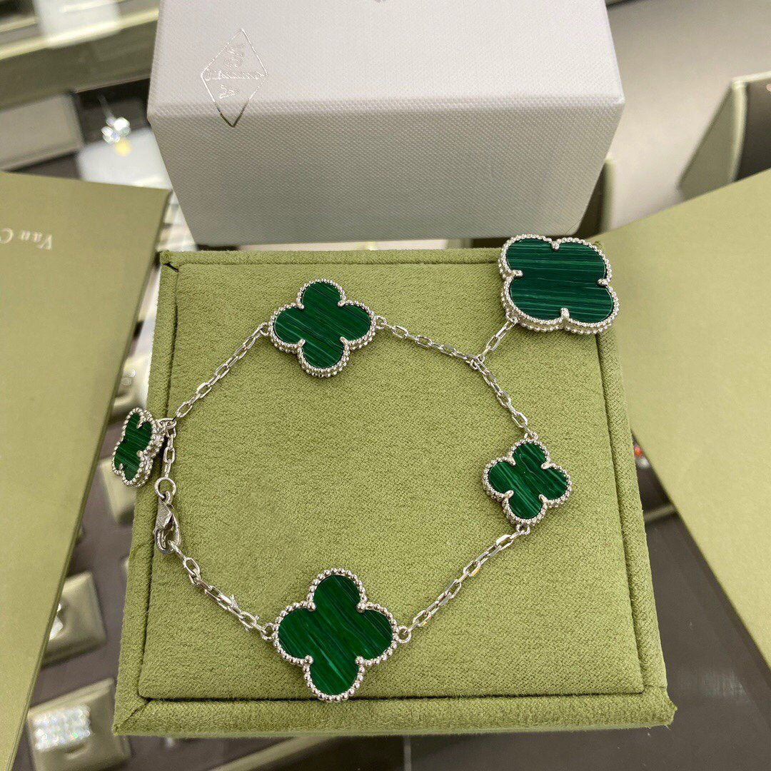 [Lucas Jewelry]CLOVER 5 MOTIFS SIVLER MALACHITE BRACELET