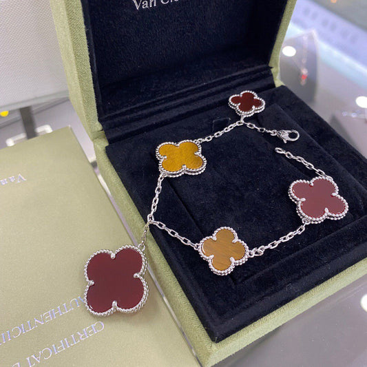 [Lucas Jewelry]CLOVER 5 MOTIFS SIVLER CARNELIAN TIGER EYE BRACELET