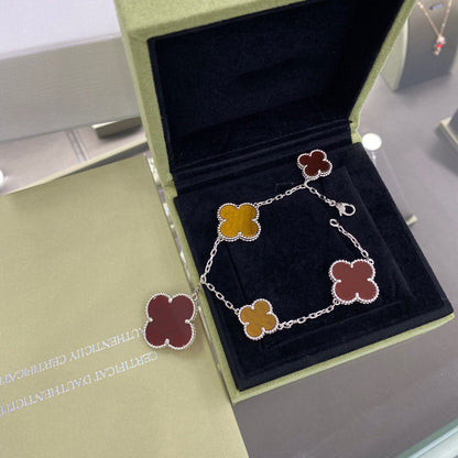 [Lucas Jewelry]CLOVER 5 MOTIFS SIVLER CARNELIAN TIGER EYE BRACELET