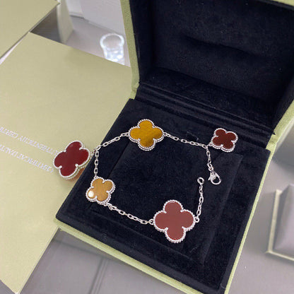 [Lucas Jewelry]CLOVER 5 MOTIFS SIVLER CARNELIAN TIGER EYE BRACELET