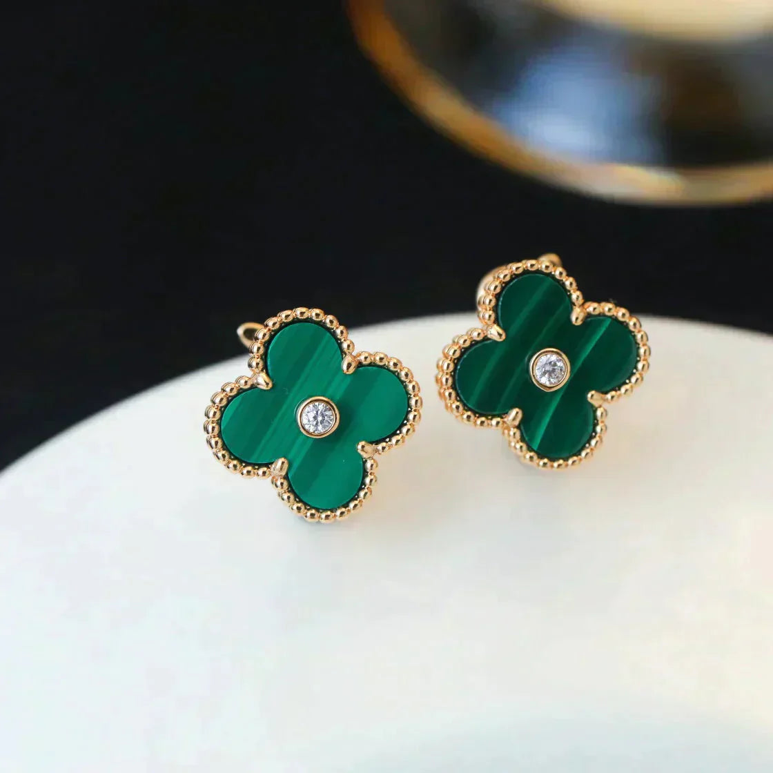 [Lucas Jewelry]CLOVER MEDIUM 1 MOTIFS MALACHITE DIAMOND EARRINGS