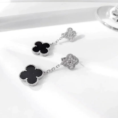 [Lucas Jewelry]CLOVER 2 MOTIFS  DIAMOND ONYX EARRINGS SILVER