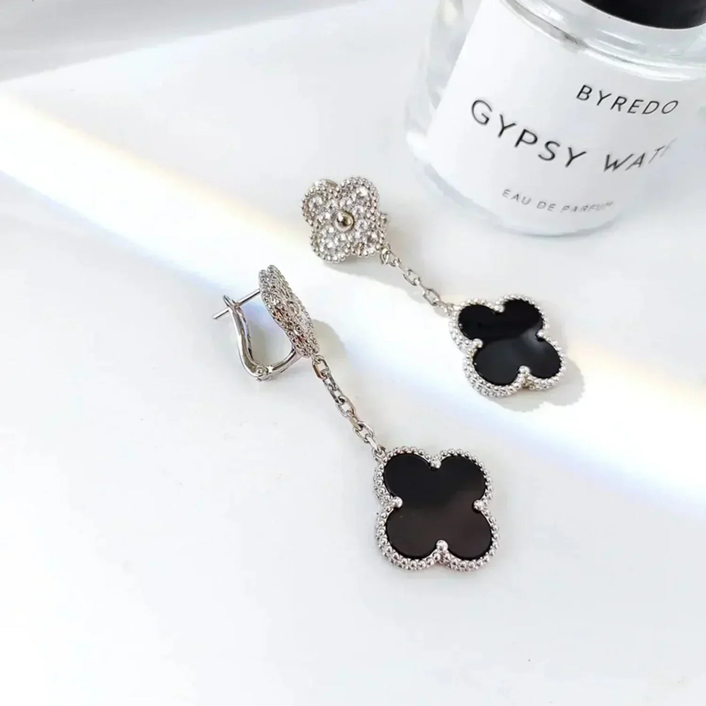 [Lucas Jewelry]CLOVER 2 MOTIFS  DIAMOND ONYX EARRINGS SILVER