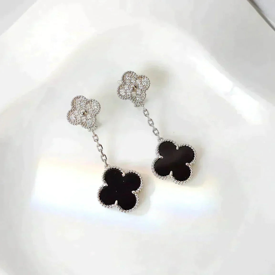 [Lucas Jewelry]CLOVER 2 MOTIFS  DIAMOND ONYX EARRINGS SILVER