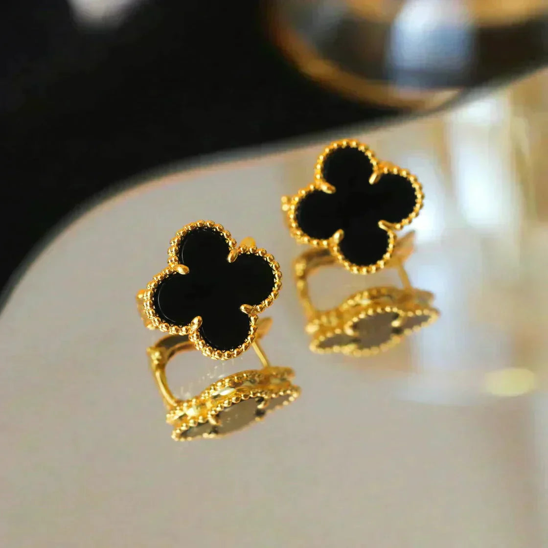 [Lucas Jewelry]CLOVER MEDIUM 1 MOTIFS  ONYX STUD EARRINGS