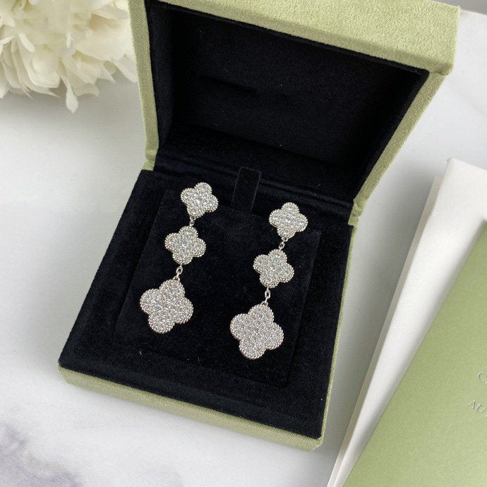 [Lucas Jewelry]CLOVER 3 MOTIF DIAMOND SILVER DROP EARRINGS