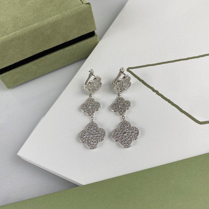 [Lucas Jewelry]CLOVER 3 MOTIF DIAMOND SILVER DROP EARRINGS