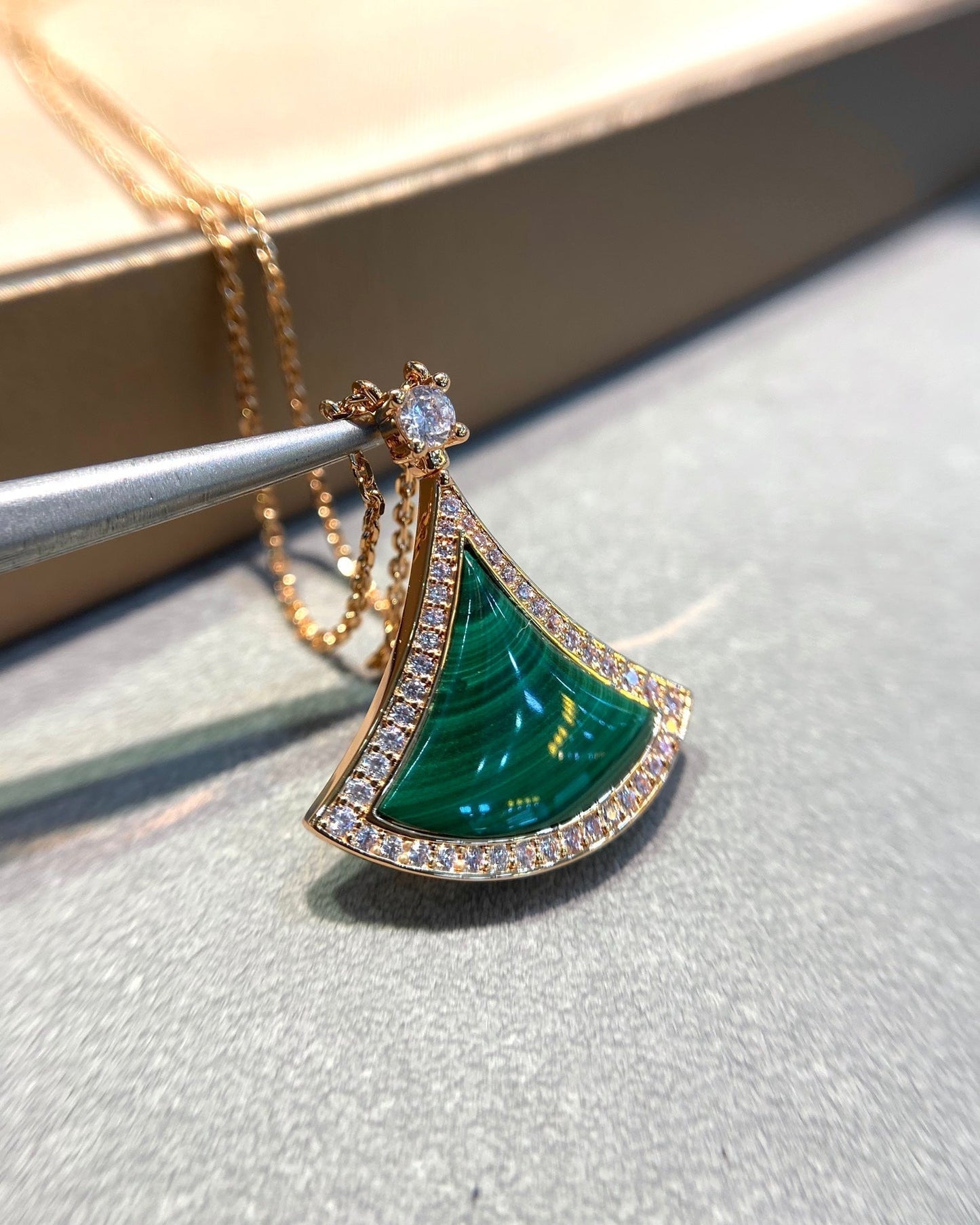 [Lucas Jewelry]DREAM MALACHITE DIAMOND PAVED PINK GOLD NECKLACE