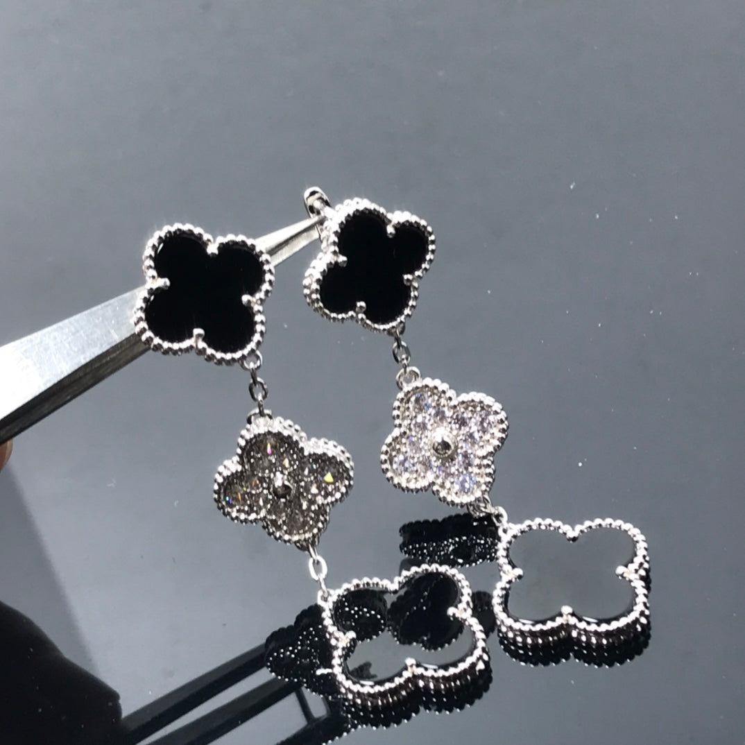 [Lucas Jewelry]CLOVER 3 MOTIF DIAMOND ONYX SILVER EARRINGS