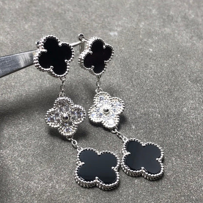 [Lucas Jewelry]CLOVER 3 MOTIF DIAMOND ONYX SILVER EARRINGS