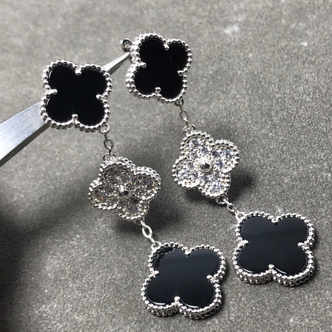 [Lucas Jewelry]CLOVER 3 MOTIF DIAMOND ONYX SILVER EARRINGS