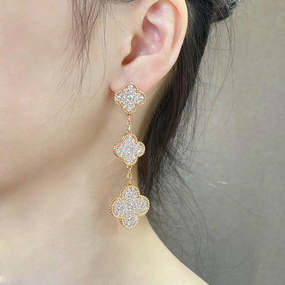 [Lucas Jewelry]CLOVER 3 MOTIFS DIAMOND PAVED ROSE GOLD EARRINGS