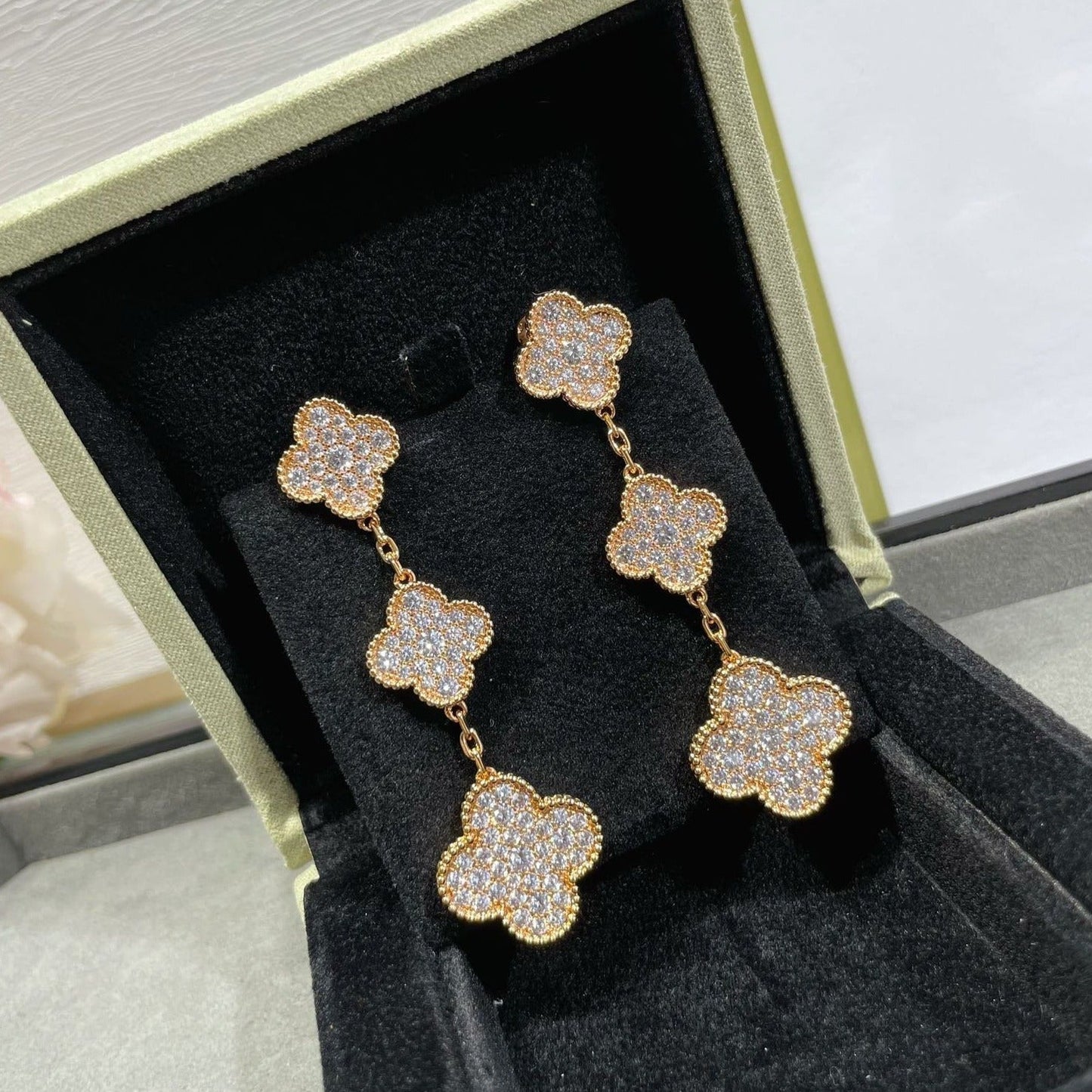 [Lucas Jewelry]CLOVER 3 MOTIFS DIAMOND PAVED ROSE GOLD EARRINGS