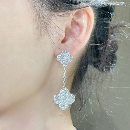 [Lucas Jewelry]CLOVER 2 MOTIFS DIAMOND PAVED SILVER EARRINGS