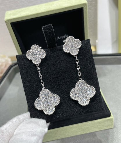 [Lucas Jewelry]CLOVER 2 MOTIFS DIAMOND PAVED SILVER EARRINGS