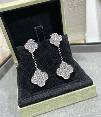 [Lucas Jewelry]CLOVER 2 MOTIFS DIAMOND PAVED SILVER EARRINGS