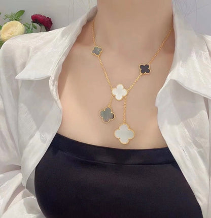 [Lucas Jewelry]CLOVER 6 MOTIF MOP ONYX GOLD NECKLACE