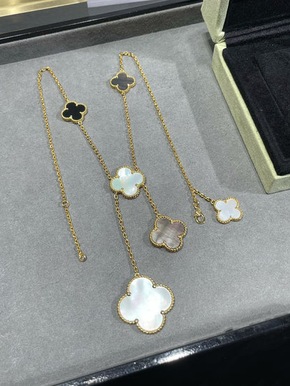 [Lucas Jewelry]CLOVER 6 MOTIF MOP ONYX GOLD NECKLACE