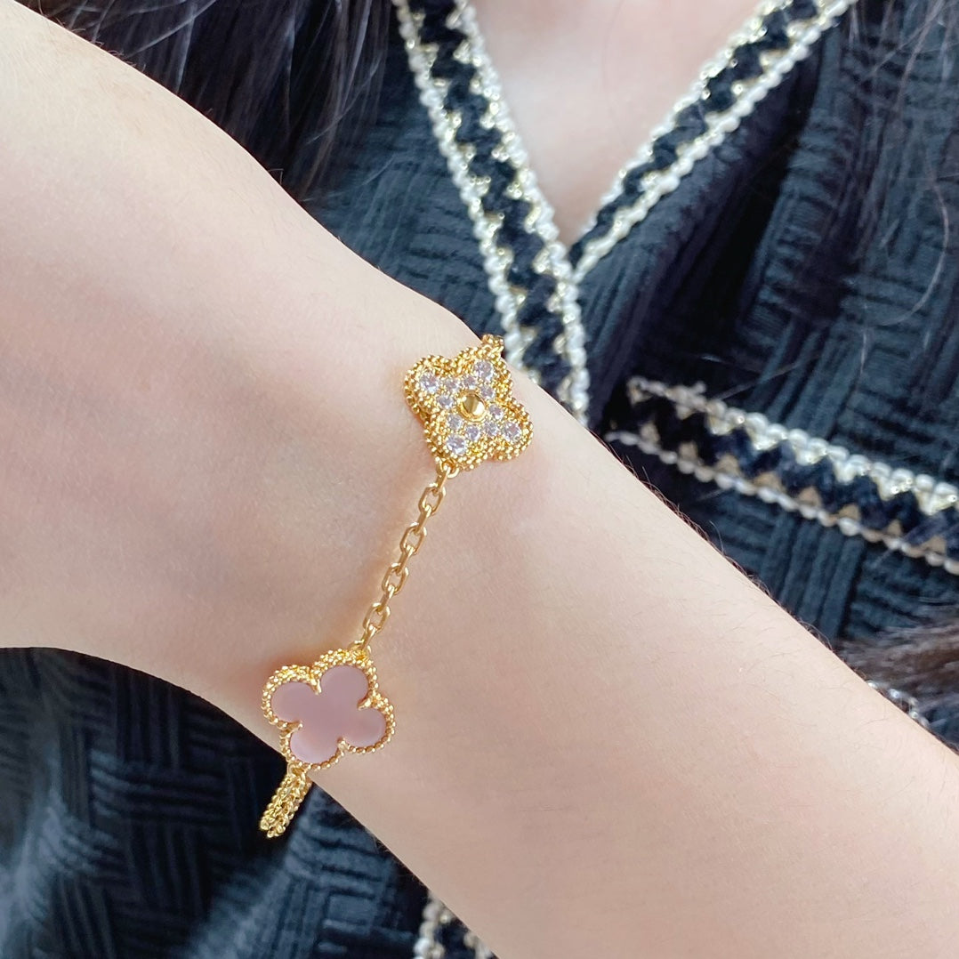 [Lucas Jewelry]CLOVER 5 MOTIF DIAMOND PINK MOP PINK GOLD BRACELET