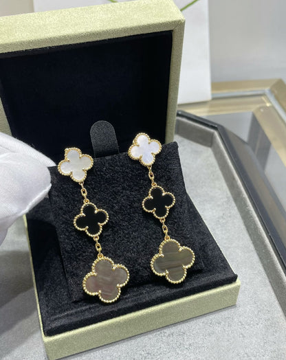 [Lucas Jewelry]CLOVER 3 MOTIF MOP ONYX DARK MOP PINK GOLD EARRINGS