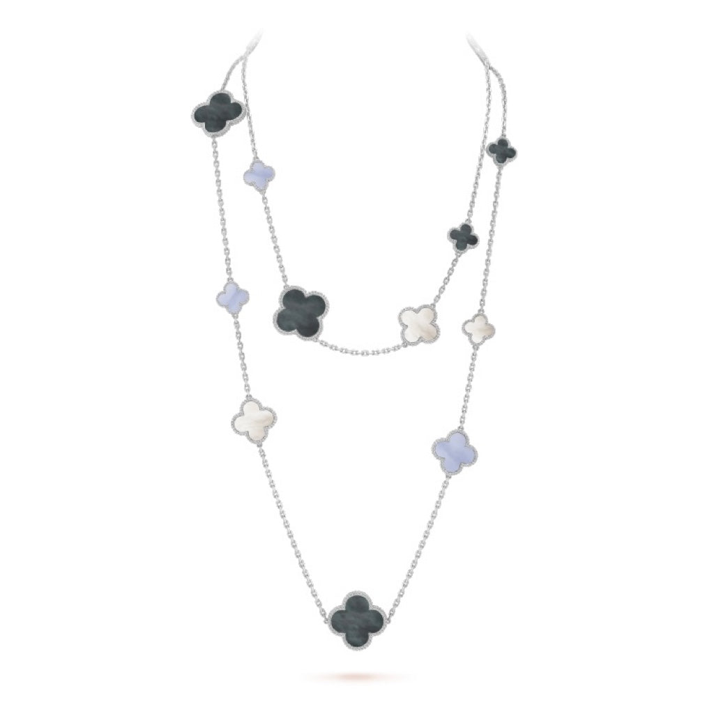 [Lucas Jewelry]CLOVER 16 MOTIF CHALCEDONY MOP SILVER NECKLACE