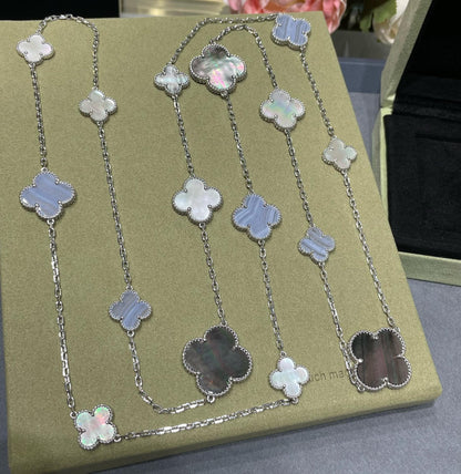 [Lucas Jewelry]CLOVER 16 MOTIF CHALCEDONY MOP SILVER NECKLACE