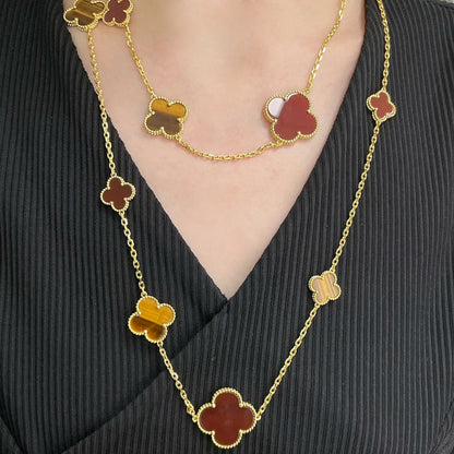 [Lucas Jewelry]CLOVER 16 MOTIF CARNELIAN TIGER EYE ROSE GOLD NECKLACE